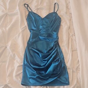 Lucy in the Sky Teal Blue Satin Ruched Mini Dress Size XS In Perfect Condition